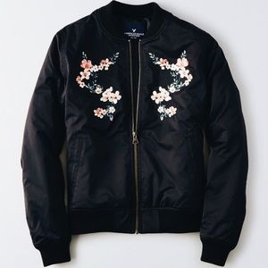 American Eagle Black Floral Bomber Jacket Small